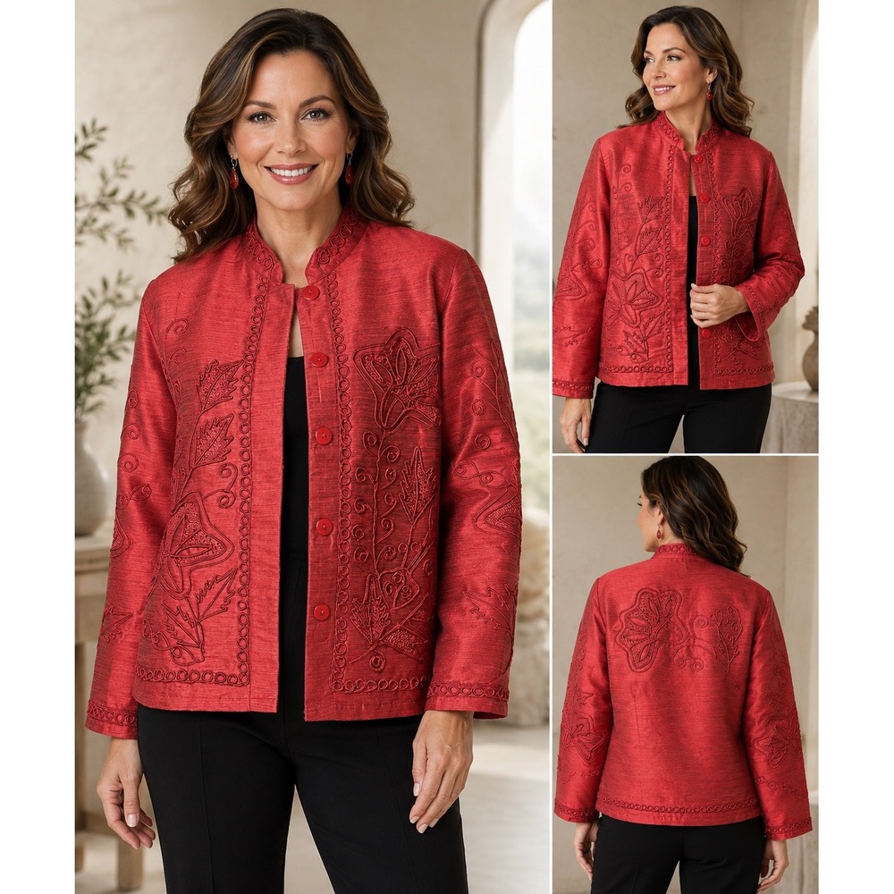 Norm Thompson Red Embroidered Mandarin Collar Jacket Womens Medium Floral Slub